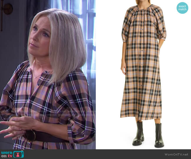 Vincent Plaid Cotton Shift Dress by Staud worn by Jennifer Horton (Melissa Reeves) on Days of our Lives
