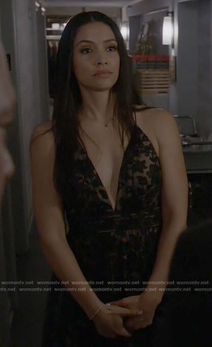 Stella’s black floral gown on Chicago Fire