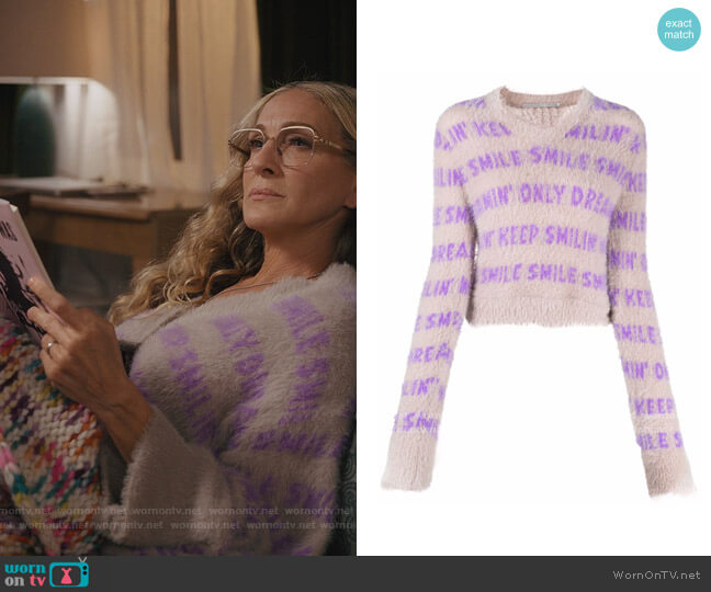 Intarsia Slogan Jumper by Stella McCartney worn by Carrie Bradshaw (Sarah Jessica Parker) on And Just Like That
