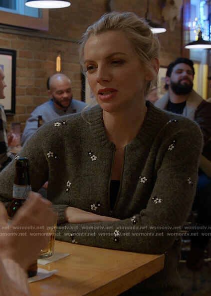 Sylvie's grey floral embroidered zip neck sweater on Chicago Fire