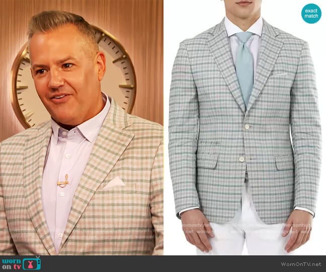 Slim-Fit Mint and Peach Plaid Blazer by Tallia worn by Ross Mathew on The Drew Barrymore Show