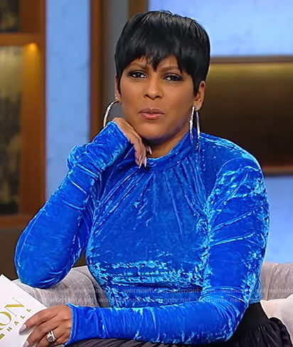 Tamron’s blue crushed velvet top and skirt on Tamron Hall Show