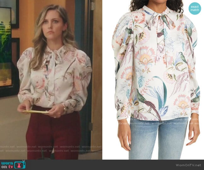 Floral Print Tie Neck Blouse by Ted Baker worn by Tami (Taylor Louderman) on Kenan