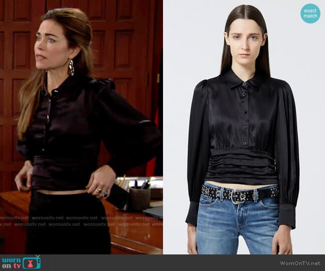 The Kooples Black satin silk shirt with waistband worn by Victoria Newman (Amelia Heinle) on The Young and the Restless