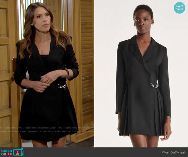 The Kooples Short Black Wrap Dress with Pleat & Chain worn by Chloe Mitchell (Elizabeth Hendrickson) on The Young & the Restless
