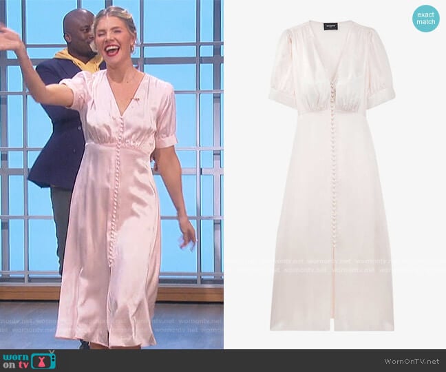 V-neck button-down satin midi dress by The Kooples worn by Amanda Kloots on The Talk