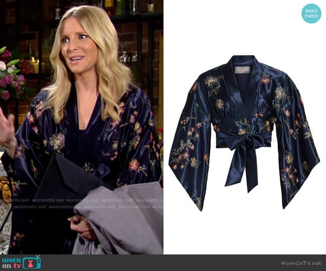 Theia Floral Garden Satin Embroidered Top worn by Christine Blair Williams (Lauralee Bell) on The Young and the Restless