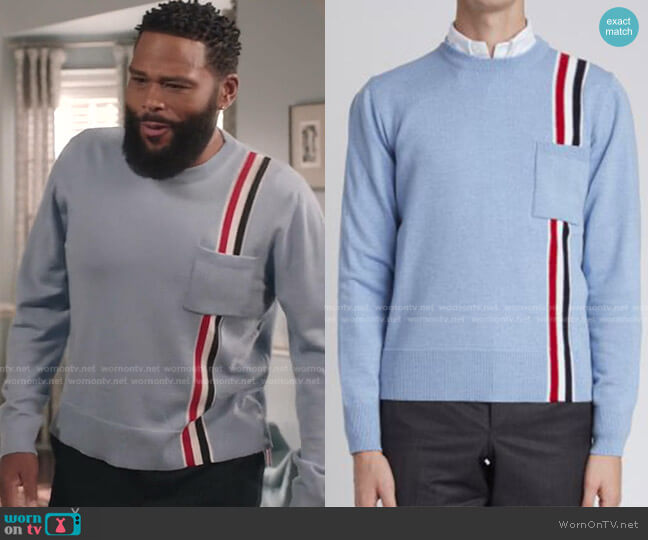 RWB Intarsia Vertical Stripe Pocket Sweater by Thom Browne worn by Andre Johnson (Anthony Anderson) on Blackish