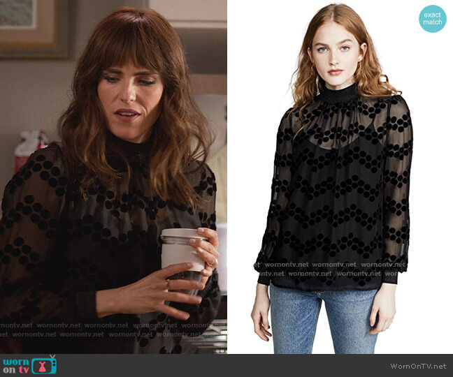 Velvet Devore Dot Embroidered Top by Tory Burch worn by Marina (Karla Souza) on Home Economics