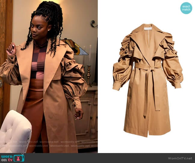 Unttld Gene Belted Ruffle Trench Coat worn by Sabrina Hollins (Novi Brown) on Tyler Perrys Sistas