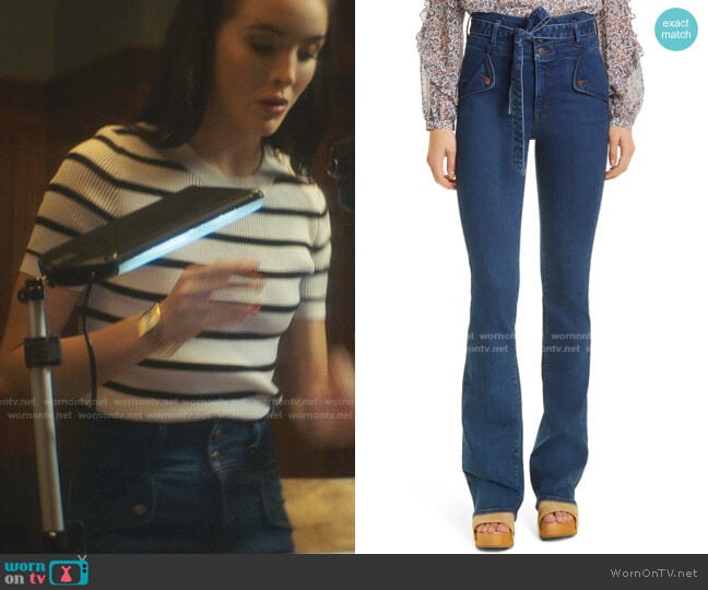 Giselle High Waist Slim Flare Jeans by Veronica Beard worn by Bess (Maddison Jaizani) on Nancy Drew