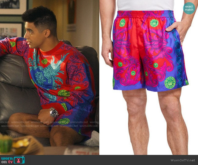 Barocco Garden Medusa-Print Silk Shorts by Versace worn by Vivek Shah (Jordan Buhat) on Grown-ish