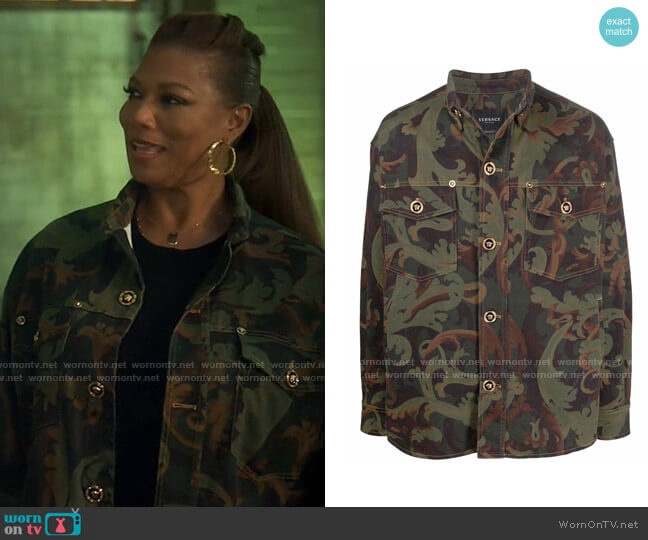 Versace Baroccoflage-print denim jacket worn by Robyn McCall (Queen Latifah) on The Equalizer