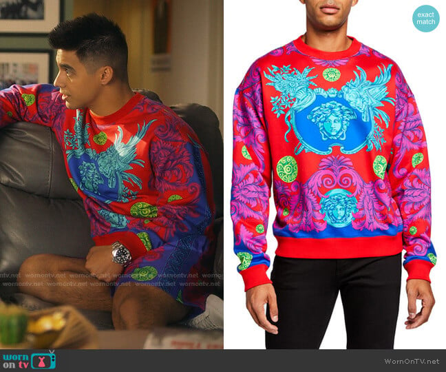 Medusa Barocco Garden Sweatshirt by Versace worn by Vivek Shah (Jordan Buhat) on Grown-ish