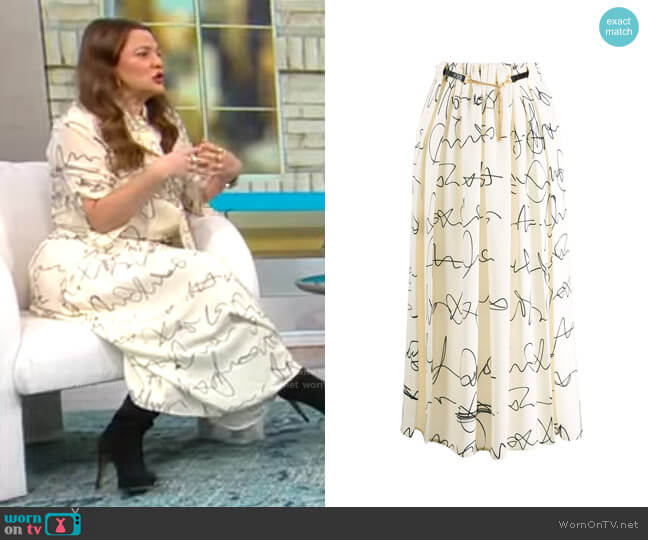 Victoria Beckham Signature Print Belted Midi Skirt worn by Drew Barrymore on CBS Mornings