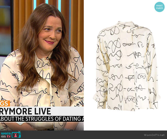 Victoria Beckham Signature Print Silk Blouse worn by Drew Barrymore on CBS Mornings
