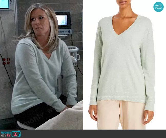 Vince Weekend V Neck Cashmere Sweater in Mint Glass worn by Carly Spencer (Laura Wright) on General Hospital