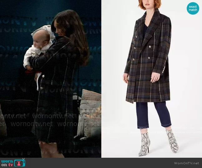 Vince Camuto Double-Breasted Plaid Coat with Faux-Fur-Collar worn by Willow Tait (Katelyn MacMullen) on General Hospital