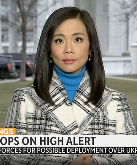 Weijia Jiang’s white plaid coat on CBS Mornings