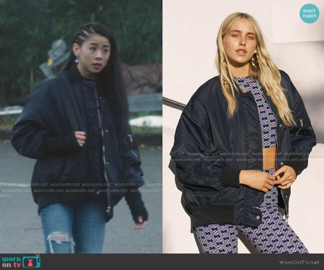 Water Repellent Puffer Bomber Jacket by Zara worn by George Fan (Leah Lewis) on Nancy Drew