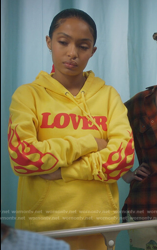 Zoey’s yellow Lover print hoodie on Grown-ish