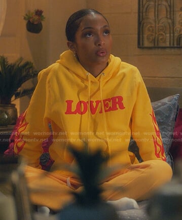 Zoey’s yellow Lover print hoodie on Grown-ish