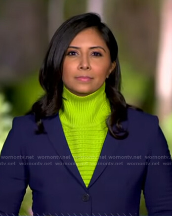Zohreen Shah's lime green ribbed turtleneck sweater on Good Morning America