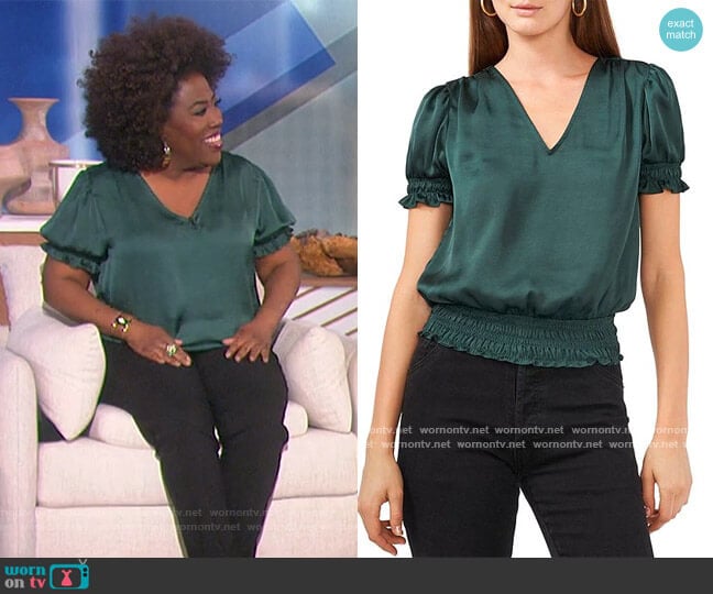 Smocked Waist V-Neck Short Puff Sleeve Blouse by 1.State worn by Sheryl Underwood  on The Talk