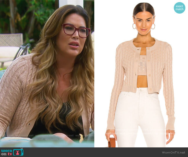 Cropped Cable Cardigan by 525 worn by Emily Simpson on The Real Housewives of Orange County