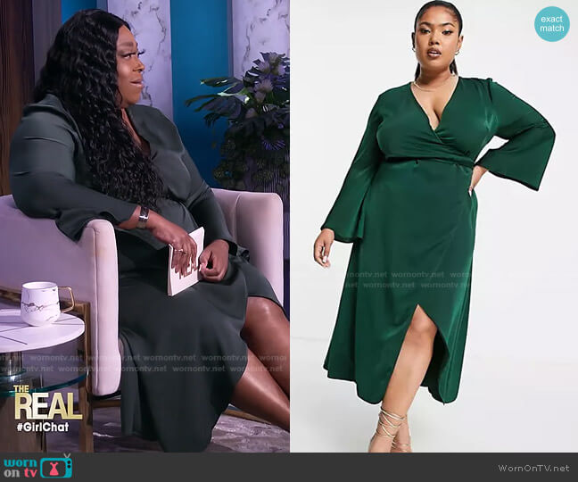 Satin Wrap Midi Dress with Flared Cuff and Tie Detail by Asos worn by Loni Love  on The Real