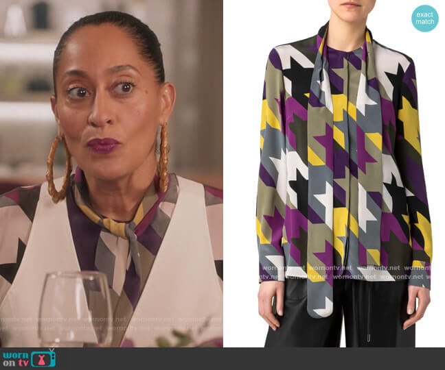 Houndstooth Check Tie Neck Silk Blouse by Akris Punto worn by Rainbow Johnson (Tracee Ellis Ross) on Black-ish