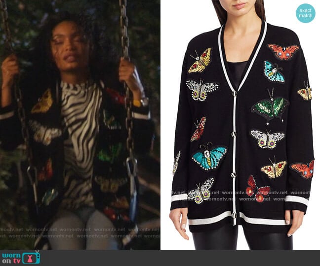 Bradford Butterfly Embroidered Cardigan by Alice + Olivia worn by Zoey Johnson (Yara Shahidi) on Grown-ish