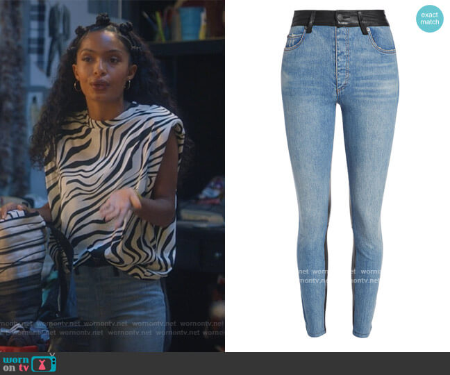 Good High Rise Leather Combo Jeans by Alice + Olivia worn by Zoey Johnson (Yara Shahidi) on Grown-ish