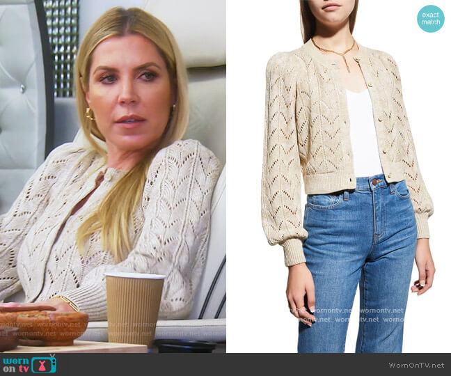Kitty Puff-Sleeve Pointelle Cardigan by Alice + Olivia worn by Dr. Jen Armstrong  on The Real Housewives of Orange County