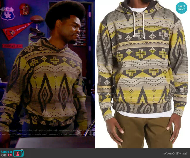 BP Print Fleece Hoodie in Brown Shadow Antique Geo worn by Carter (Julian Gant) on Call Me Kat