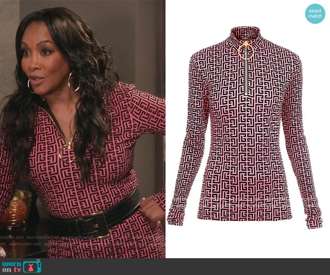 Velvet Monogram Top by Balmain worn by Vivica A. Fox on Black-ish