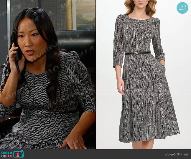 Calvin Klein Belted Zig-Zag Midi Dress worn by Melinda Trask (Tina Huang) on Days of our Lives