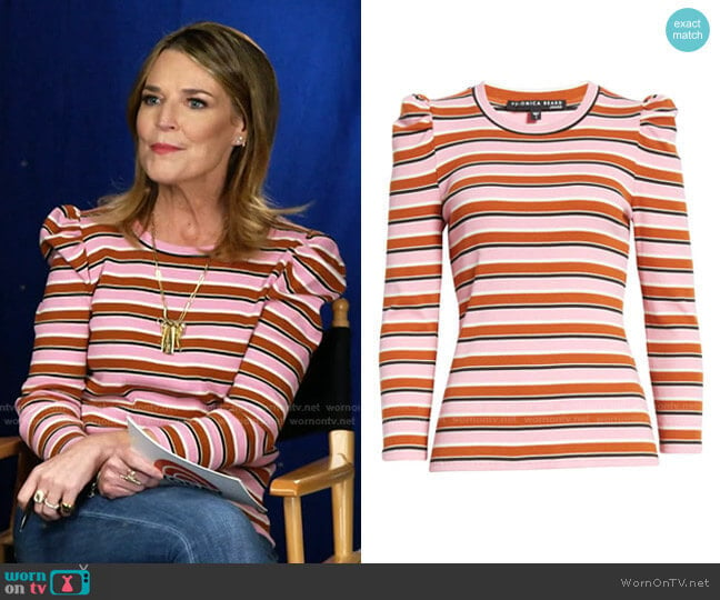 Britney Striped Puff-Sleeve Top by Veronica Beard worn by Savannah Guthrie on Today