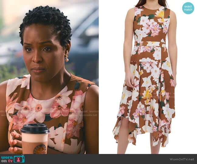 Floral Handkerchief Hem Midi Dress by Calvin Klein worn by Brittany L. Smith on Sweet Magnolias