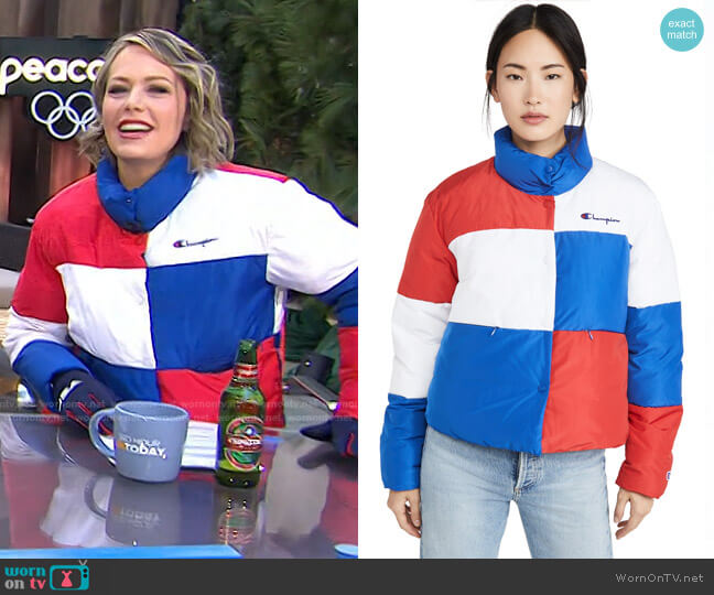Colorblock Puffer Jacket by Champion Premium Reverse Weave worn by Dylan Dreyer  on Today