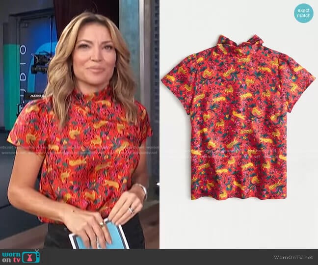 Collection Silk Bow-Back Top in jungle cat floral print by J. Crew worn by Kit Hoover on Access Hollywood