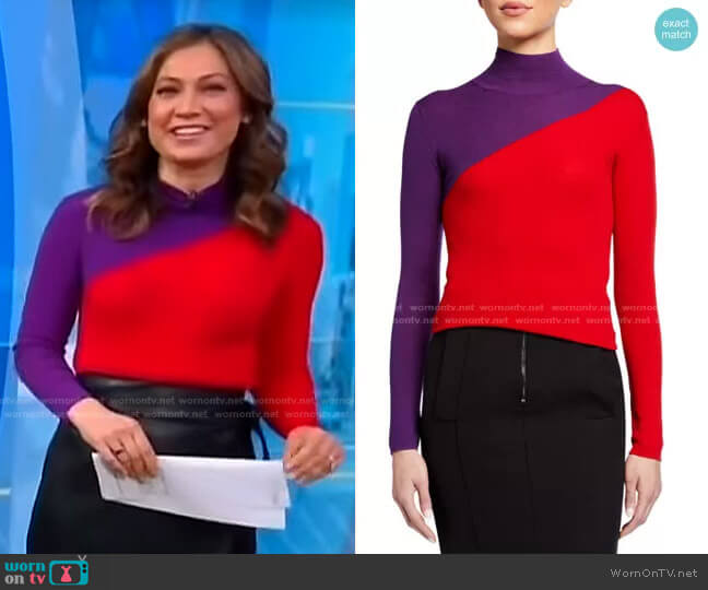 Colorblock Rib-Knit Turtleneck Sweater by Emporio Armani worn by Ginger Zee on Good Morning America