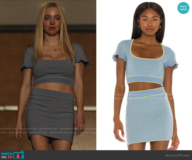 Danielle Guizio Scoop Neck Knit Top and Knit Dual-Color Mini Skirt worn by Cassie Howard (Sydney Sweeney) on Euphoria