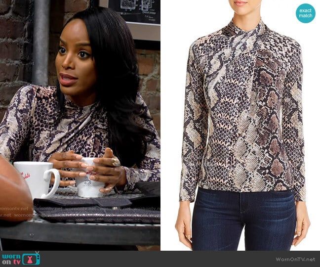 Elie Tahari Keilani Crossover Mock-Neck Top worn by Imani Benedict (Leigh-Ann Rose) on The Young and the Restless