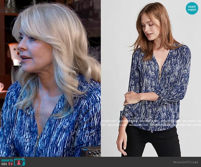 Express Blue zip front blouse worn by Felicia Scorpio (Kristina Wagner) on General Hospital