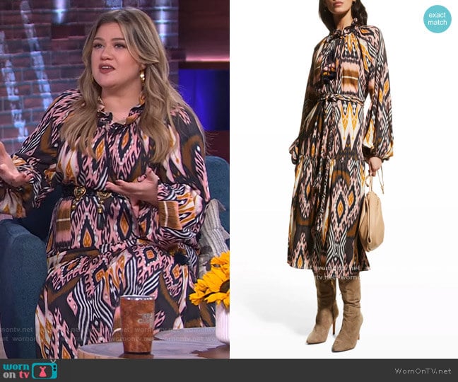 Magnolia Abstract-Print Belted Midi Dress by Figue worn by Kelly Clarkson on The Kelly Clarkson Show