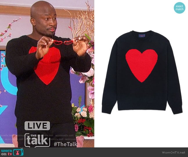 Heart Sweater by Gyles & George worn by Akbar Gbajabiamila on The Talk