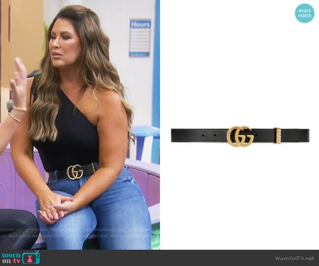 Leather belt with torchon Double G buckle by Gucci worn by Emily Simpson on The Real Housewives of Orange County