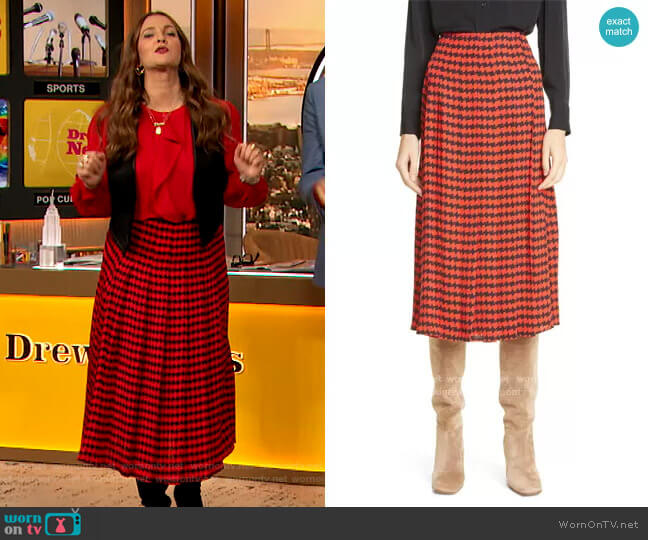 Houndstooth Pleated Skirt by Victoria Beckham worn by Drew Barrymore on The Drew Barrymore Show