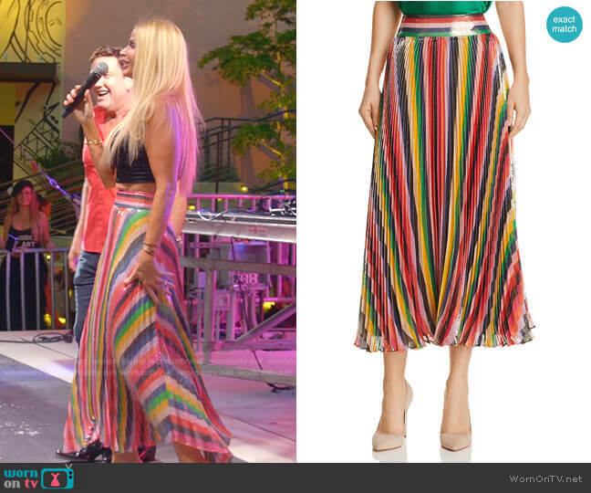 Katz Pleated Metallic Striped Midi Skirt by Alice + Olivia worn by Alexia Echevarria (Alexia Echevarria) on The Real Housewives of Miami